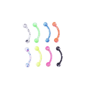 Set of 8 colorful curved barbell eyebrow rings with vibrant paint splatter patterns