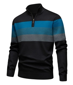 Detail of men's black knit sweater featuring a quarter-zip stand collar and striped chest