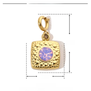 Detail showing gold stainless steel heart pendant dimensions 19mm with purple rhinestone