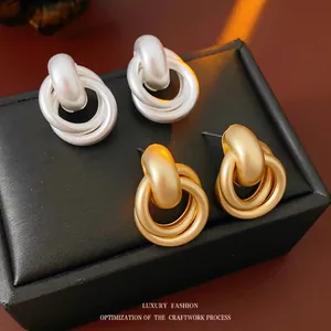 Matte Geometric Hoop Earrings Interlocking Multiple Circle Retro Minimalist Metal Studs With Steel Earring Post