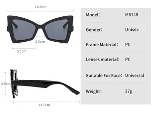 Detailed size chart for M6148 butterfly sunglasses showing frame width and lens dimensions