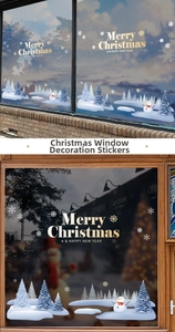 Detailed Christmas window stickers featuring snowman, pine trees and Merry Christmas text