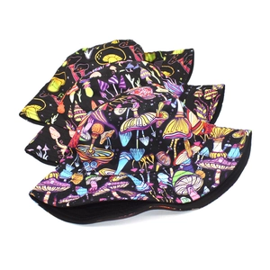 Black bucket hat featuring colorful mushroom patterns in a psychedelic pop art style