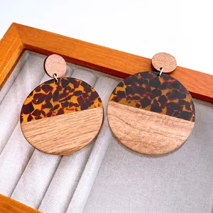 Retro Round Patchwork Dangle Earrings Wood Acrylic With 925 Sterling Silver Earring Post Maillard Style For Women