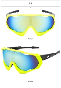 Front and 45-degree side views of fluorescent yellow cycling sunglasses with blue-green lenses