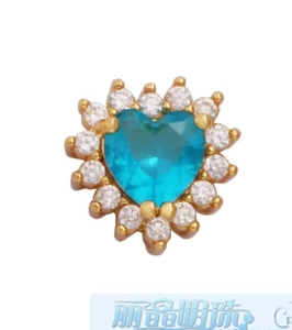 Macro view of a heart-shaped blue zircon stone with white micro-pave halo on gold setting
