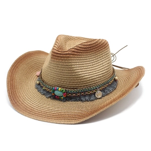 Western Cowboy Straw Hat Wide Brim Sun Protection Bohemian Ethnic Beads Turquoise Tassels Summer Beach Travel Hat