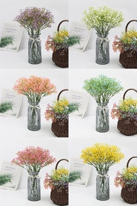 Collage of artificial baby's breath bouquets in purple, white, pink, and blue shades