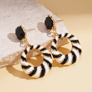 Vintage geometric earrings with black gems and black white gold spiral striped hoops