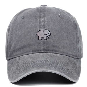 Classic grey washed cotton baseball cap featuring detailed elephant embroidery on the front