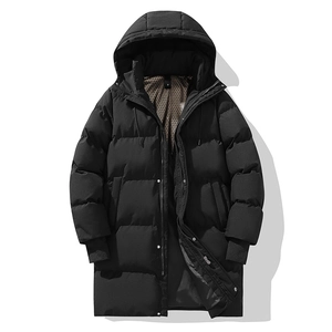 Men's black mid-length padded parka with hood and classic quilted texture design