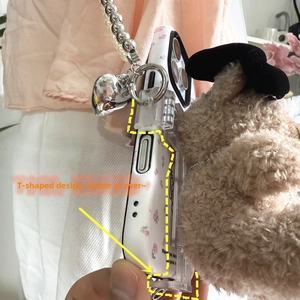Close-up of floral phone case with pearl strap and reinforced T-shaped bottom structure