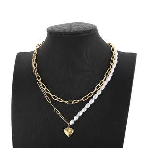 Double Layer Necklace Stainless Steel Gold Plated Heart Pendant Artificial Pearl Clavicle Chain For Women Elegant Minimalist Style