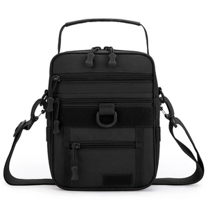 Black tactical shoulder bag with large capacity made of durable nylon and multiple pockets