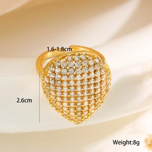 Detailed view of 18K gold plated ring with pear-shaped cubic zirconia and size dimensions