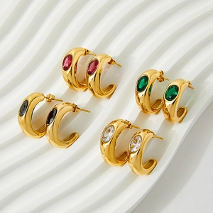 Elegant C-shaped stainless steel earrings with vibrant inlaid gemstones in four colors