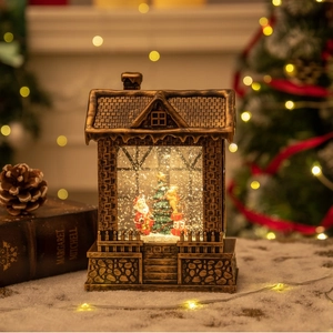 Vintage copper Christmas house lantern with Santa and LED swirling glitter snow