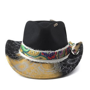 Detail of western wool hat with ethnic paisley ribbon and gold floral brim print
