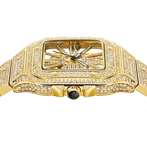 Luxury gold square skeleton watch for men fully iced out with sparkling crystals