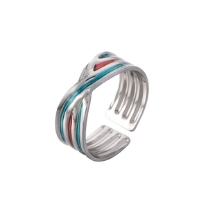 Detailed view of polished adjustable ring featuring elegant red and blue enamel stripes