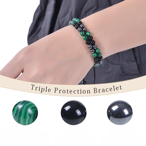 Triple Protection Bracelet featuring natural Malachite, Obsidian, and Hematite beads for men