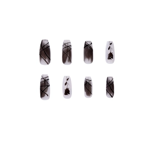 Black and white ink wash dark rose press-on nails in classic coffin shape 8pcs set