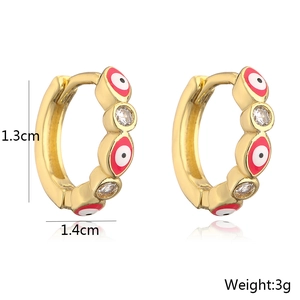 Close-up of 18K gold plated evil eye hoop earrings with zircon and dimensions