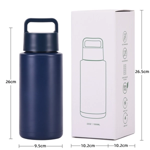 Blue 32oz 1000ml stainless steel insulated water bottle with its white packaging box