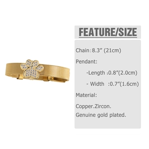Details zum vergoldeten Mesh-Armband mit Zirkonia-Pfotenanhänger und Größenangaben