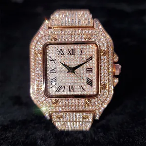 Macro shot of rose gold square watch dial with sparkling crystals and Roman numerals