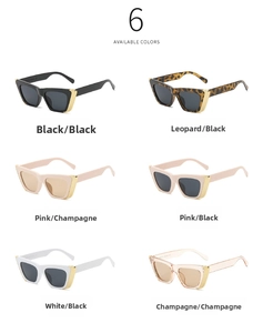 Detailed grid showing six stylish cat-eye sunglasses colors with golden metal hinges