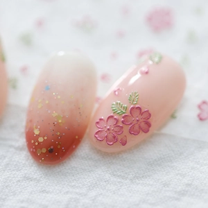 5D Japanese floral nail stickers with pink cherry blossom relief and gold glitter accents
