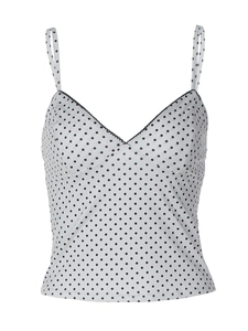 Chic white polka dot camisole with black lace trim and slender shoulder straps