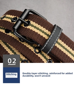 Detail of striped canvas belt with matte black eyelets and double-layered stitching