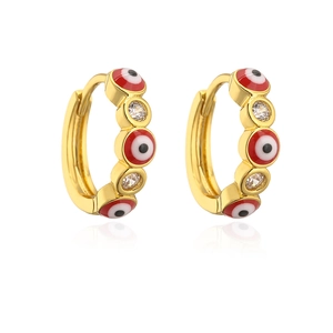 Detail of gold-plated hoop earrings featuring red evil eye enamel and white zircon stones