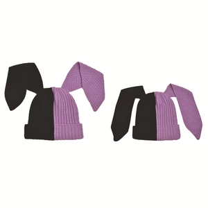 Knitted long rabbit ear beanie in purple and black split color with thick ribbed texture