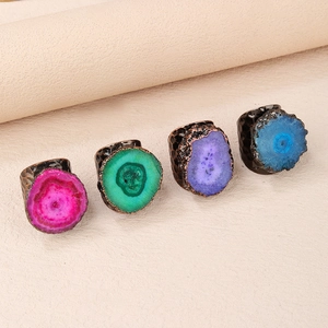 Natural Agate Druzy Geode Adjustable Ring Vintage Antique Copper Wide Band Bohemian Statement Jewelry For Women