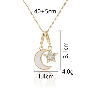 Detail showing dimensions of moon and star necklace with shell inlay and zircons