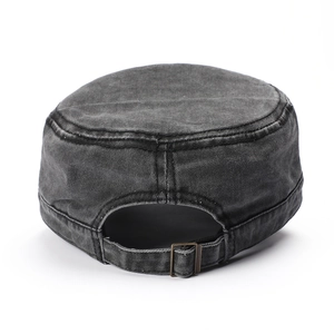 Distressed charcoal grey washed cotton military flat top cap with adjustable metal buckle back