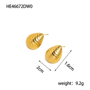 Macro shot of 2cm gold-plated teardrop earrings featuring a textured grooved surface