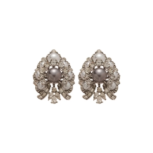 Elegant vintage silver needle teardrop earrings with crystals and pearls for women