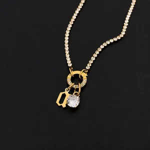 Stainless steel tennis chain necklace with crystal and letter pendant charms