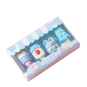 Cartoon rabbit ice cream erasers set in pastel blue and pink colors for kids