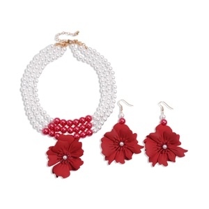 Three-layer faux pearl necklace with red flower pendant and matching earrings set
