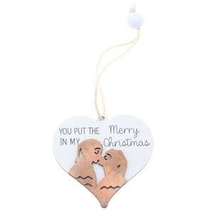Christmas heart wooden hanging ornament with YOU PUT THE Merry IN MY Christmas text
