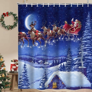 Close-up of Christmas shower curtain featuring Santa and reindeer over snowy village