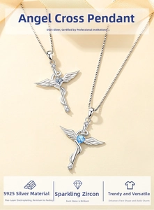 Detail of S925 silver angel cross necklace with heart-cut zircon and plated finish
