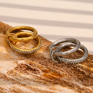 Elegant double layered 18K gold plated stainless steel rings with sparkling crystals