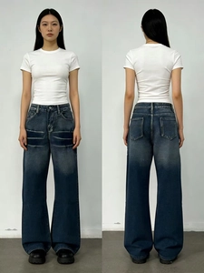 Front and back view of distressed wide-leg jeans with vintage washed denim texture