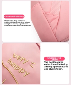 Reinforced stitching on pink children backpack straps with very happy embroidery
